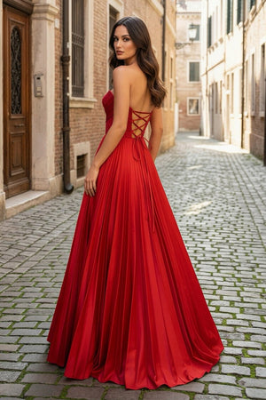 Red Satin Strapless Keyhole Ball Gown - KissProm