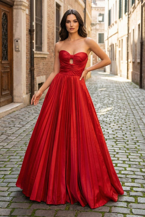 Red Satin Strapless Keyhole Ball Gown - KissProm