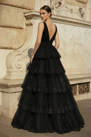 Lavender Tulle Sequin V - Neck Ruffle Tiered Long Prom Dress - KissProm