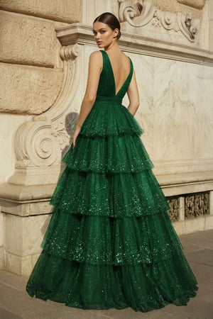 Lavender Tulle Sequin V - Neck Ruffle Tiered Long Prom Dress - KissProm