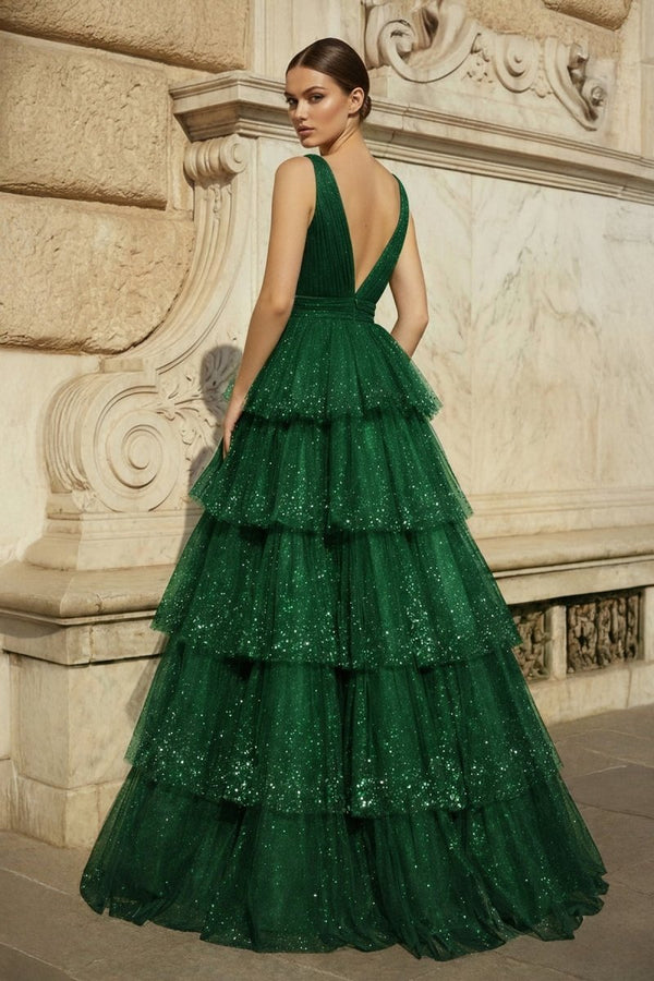 Lavender Tulle Sequin V - Neck Ruffle Tiered Long Prom Dress - KissProm
