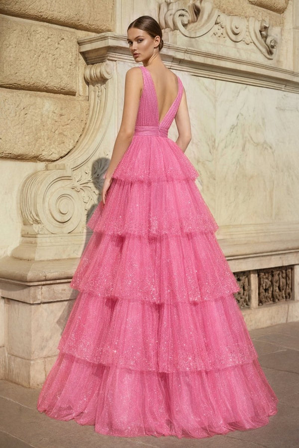 Lavender Tulle Sequin V - Neck Ruffle Tiered Long Prom Dress - KissProm