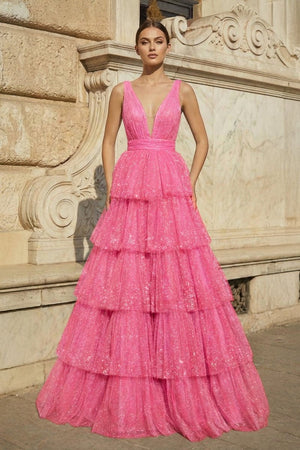 Lavender Tulle Sequin V - Neck Ruffle Tiered Long Prom Dress - KissProm