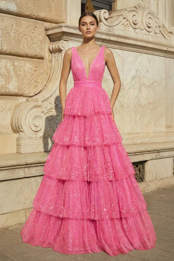 Lavender Tulle Sequin V - Neck Ruffle Tiered Long Prom Dress - KissProm