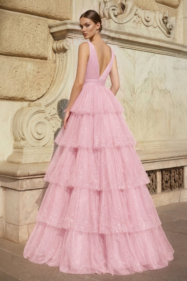 Lavender Tulle Sequin V - Neck Ruffle Tiered Long Prom Dress - KissProm