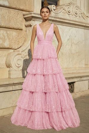 Lavender Tulle Sequin V - Neck Ruffle Tiered Long Prom Dress - KissProm