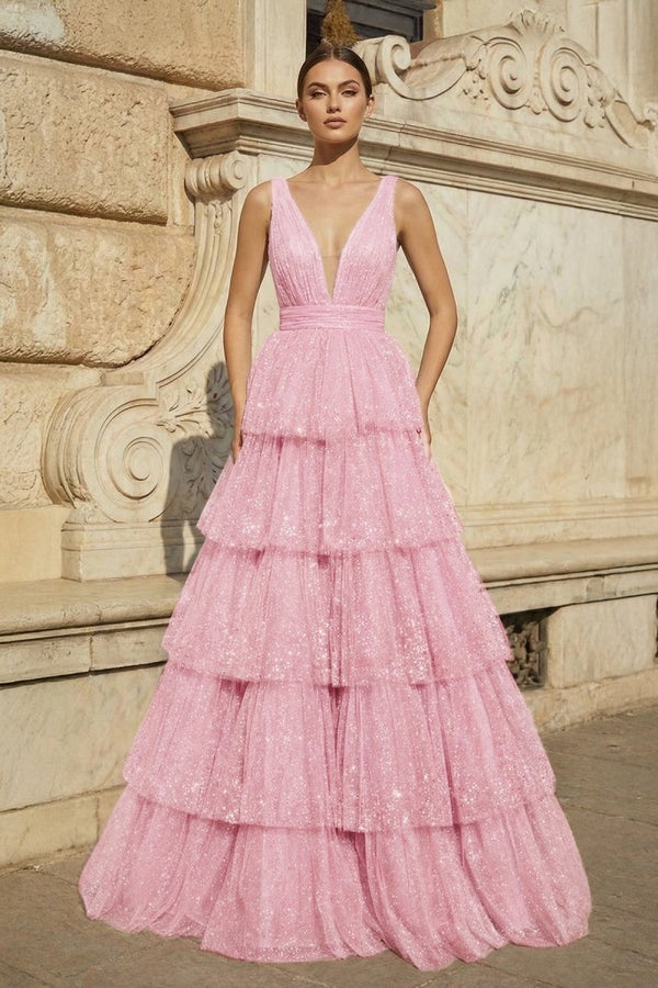 Lavender Tulle Sequin V - Neck Ruffle Tiered Long Prom Dress - KissProm