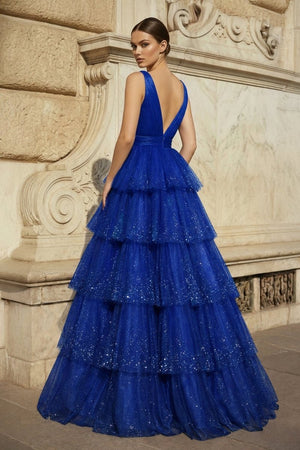 Lavender Tulle Sequin V - Neck Ruffle Tiered Long Prom Dress - KissProm