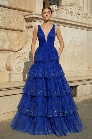 Lavender Tulle Sequin V - Neck Ruffle Tiered Long Prom Dress - KissProm