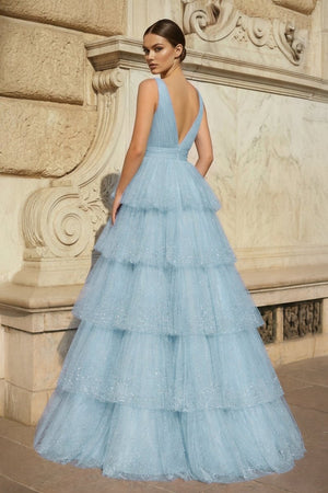Lavender Tulle Sequin V - Neck Ruffle Tiered Long Prom Dress - KissProm