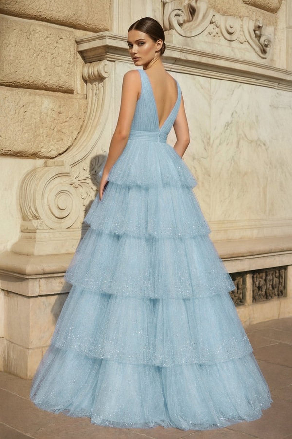 Lavender Tulle Sequin V - Neck Ruffle Tiered Long Prom Dress - KissProm