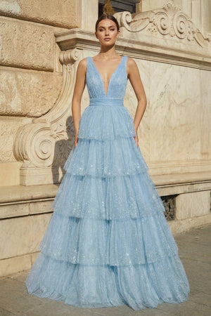 Lavender Tulle Sequin V - Neck Ruffle Tiered Long Prom Dress - KissProm