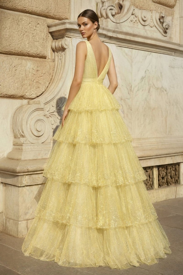 Lavender Tulle Sequin V - Neck Ruffle Tiered Long Prom Dress - KissProm