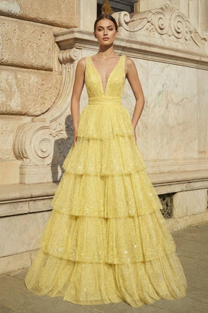 Lavender Tulle Sequin V - Neck Ruffle Tiered Long Prom Dress - KissProm