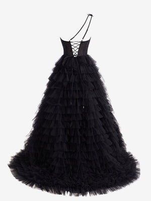 Kinsley | A Line One Shoulder Tiered Long Prom Dress