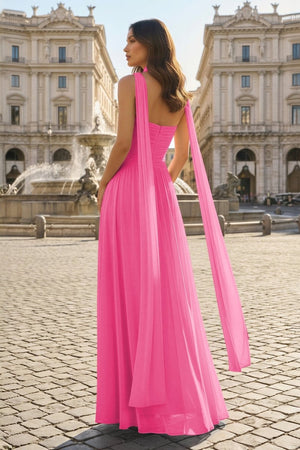 Pink Strapless A Line Chiffon Pleated Long Prom Dresses - KissProm