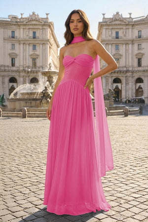 Pink Strapless A Line Chiffon Pleated Long Prom Dresses - KissProm