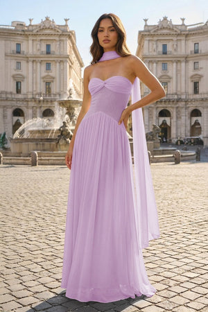 Pink Strapless A Line Chiffon Pleated Long Prom Dresses - KissProm