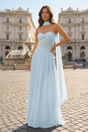 Pink Strapless A Line Chiffon Pleated Long Prom Dresses - KissProm