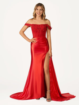 Korla | Off the Shoulder Satin Beaded Prom Dress With Appliques