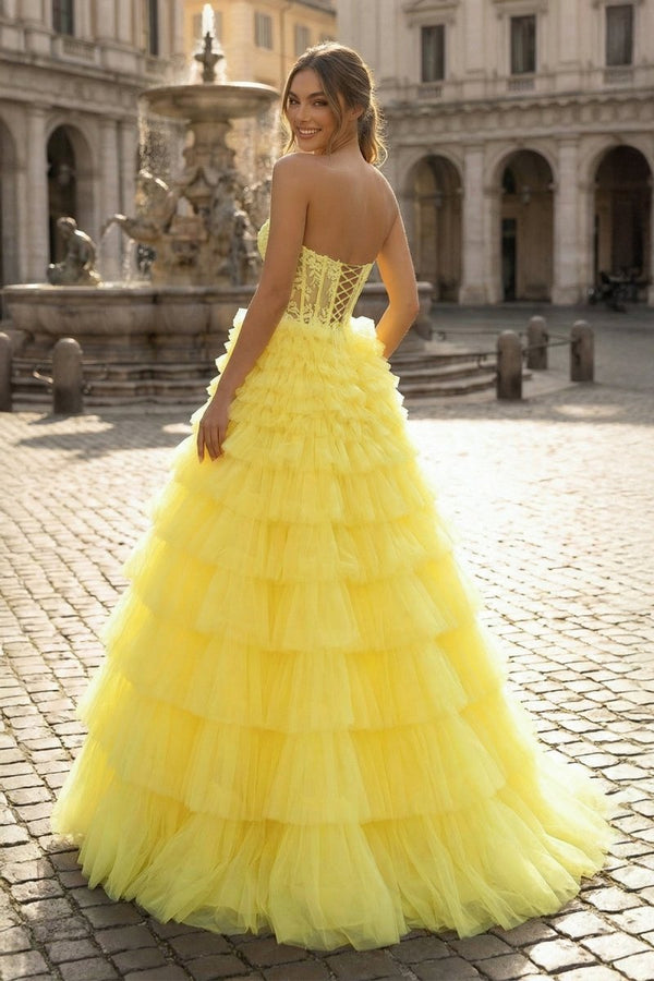 Yellow Sweetheart A Line Tiered Tulle Long Prom Dress - KissProm
