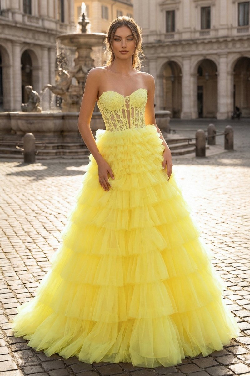 Yellow Sweetheart A Line Tiered Tulle Long Prom Dress - KissProm