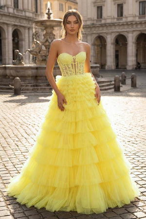 Yellow Sweetheart A Line Tiered Tulle Long Prom Dress - KissProm