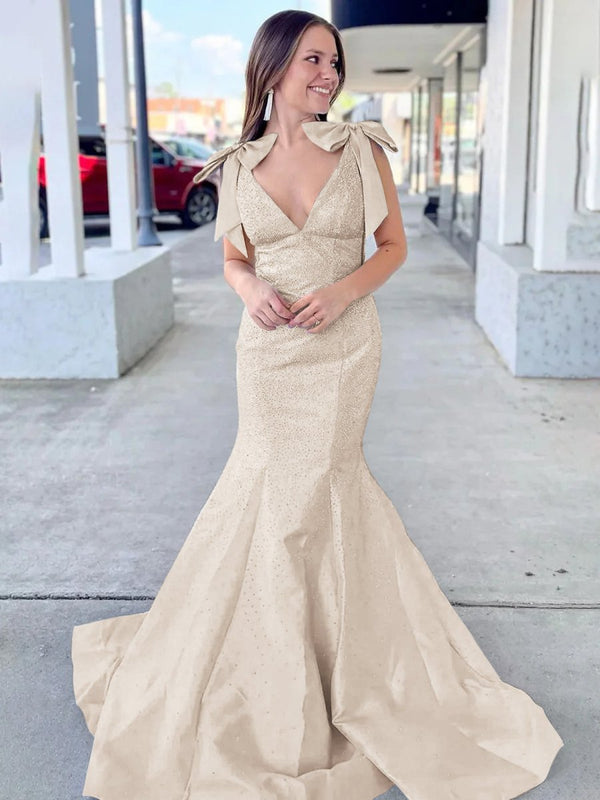 Kycera | Sky Blue V Neck Mermaid Satin Long Prom Dress With Bow