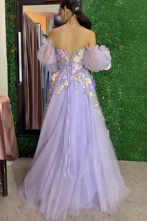 Lavender A-Line Strapless Tulle Prom Dress with 3D Flowers – Prom Dresses by KissProm | Available at KissProm