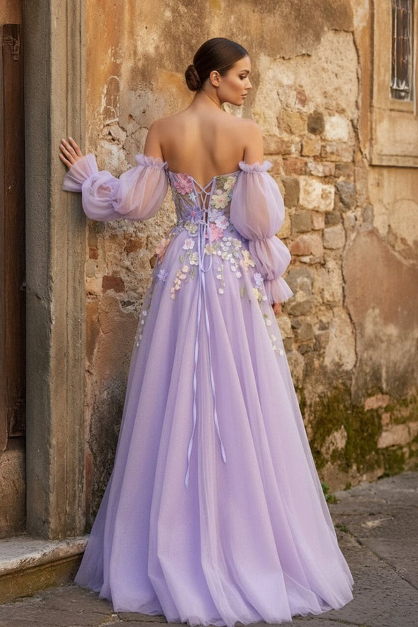 Lavender A-Line Strapless Tulle Prom Dress with 3D Flowers – Prom Dresses by KissProm | Available at KissProm