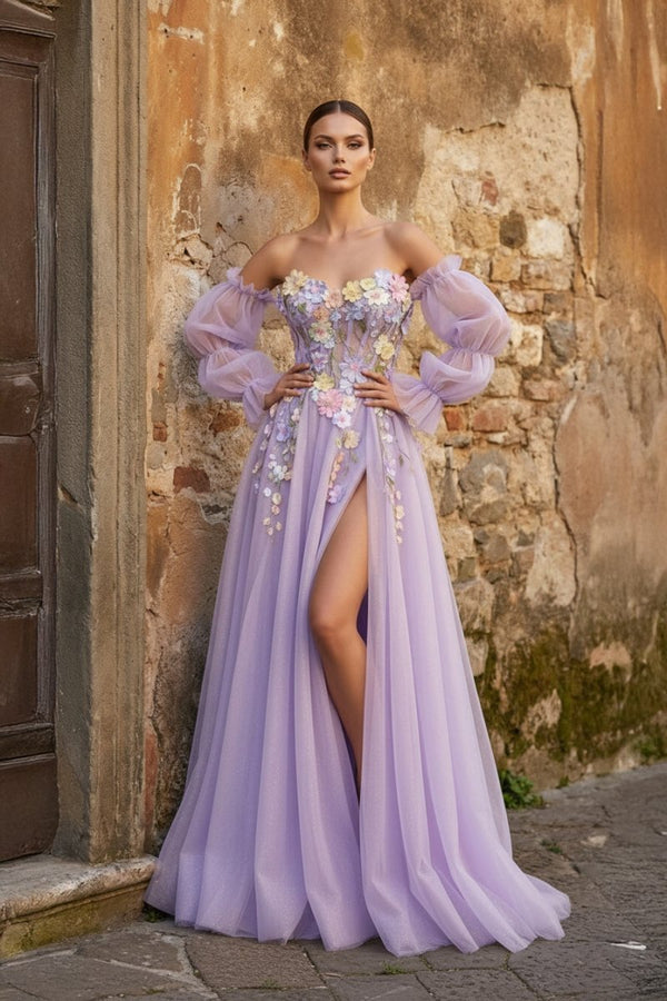 Lavender A-Line Strapless Tulle Prom Dress with 3D Flowers – Prom Dresses by KissProm | Available at KissProm