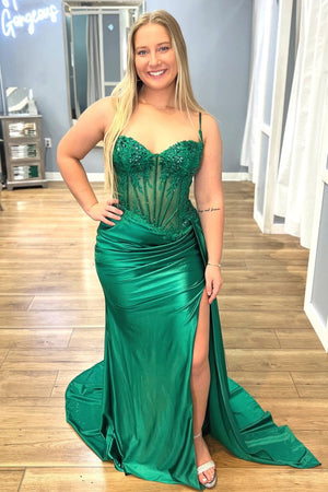 Silver Spaghetti Straps Mermaid Appliqued Prom Dress With Split – Prom Dress by KissProm | Available at KissProm
