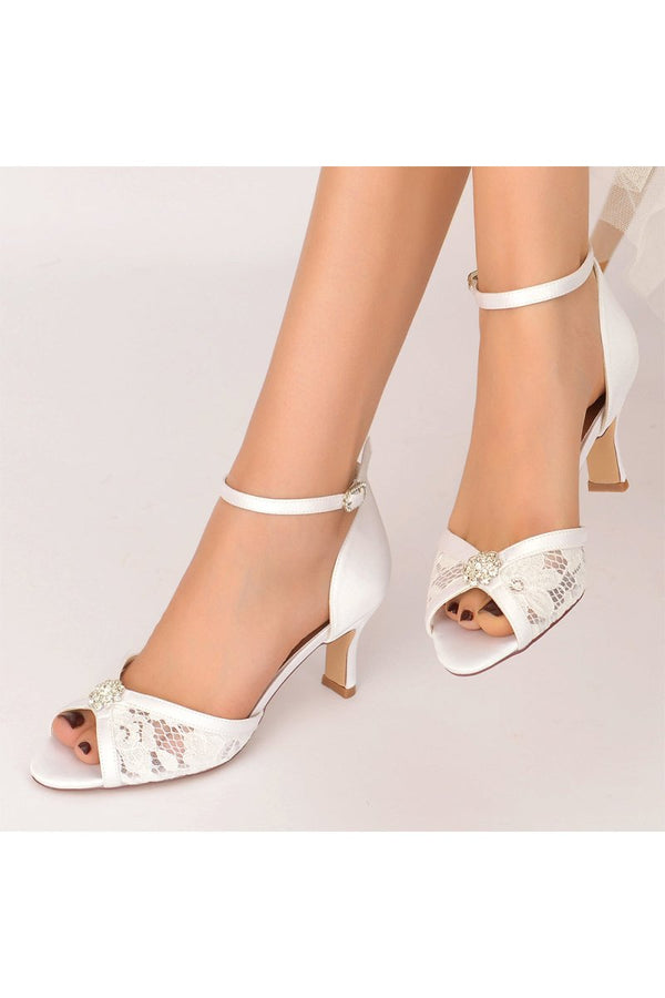 Lace Beaded Peep Toe Imitated Silk High Heels - KissProm
