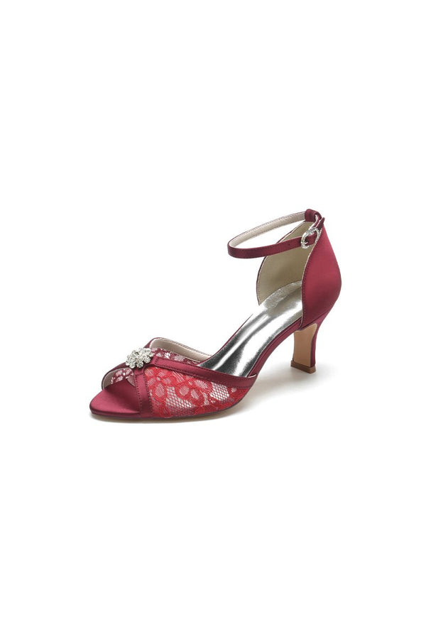 Lace Beaded Peep Toe Imitated Silk High Heels - KissProm