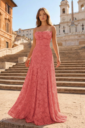 Pink A-Line Lace Floral Spaghetti Straps Long Prom Dresses – Prom Dresses by KissProm | Available at KissProm