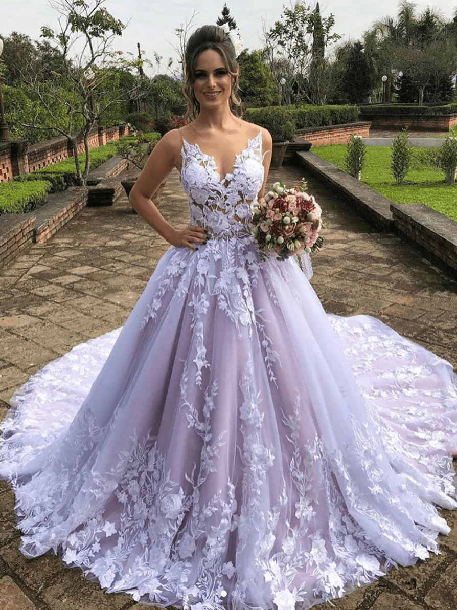 Light Purple Sleeveless A Line V-Neck Lace Wedding Dresses – Wedding Dresses by KissProm | Available at KissProm
