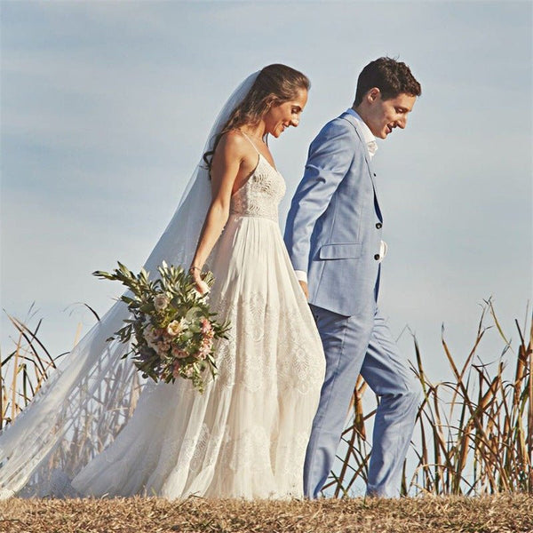 Simple A-Line V Neck Sleeveless Spaghetti Straps Beach Wedding Dresses