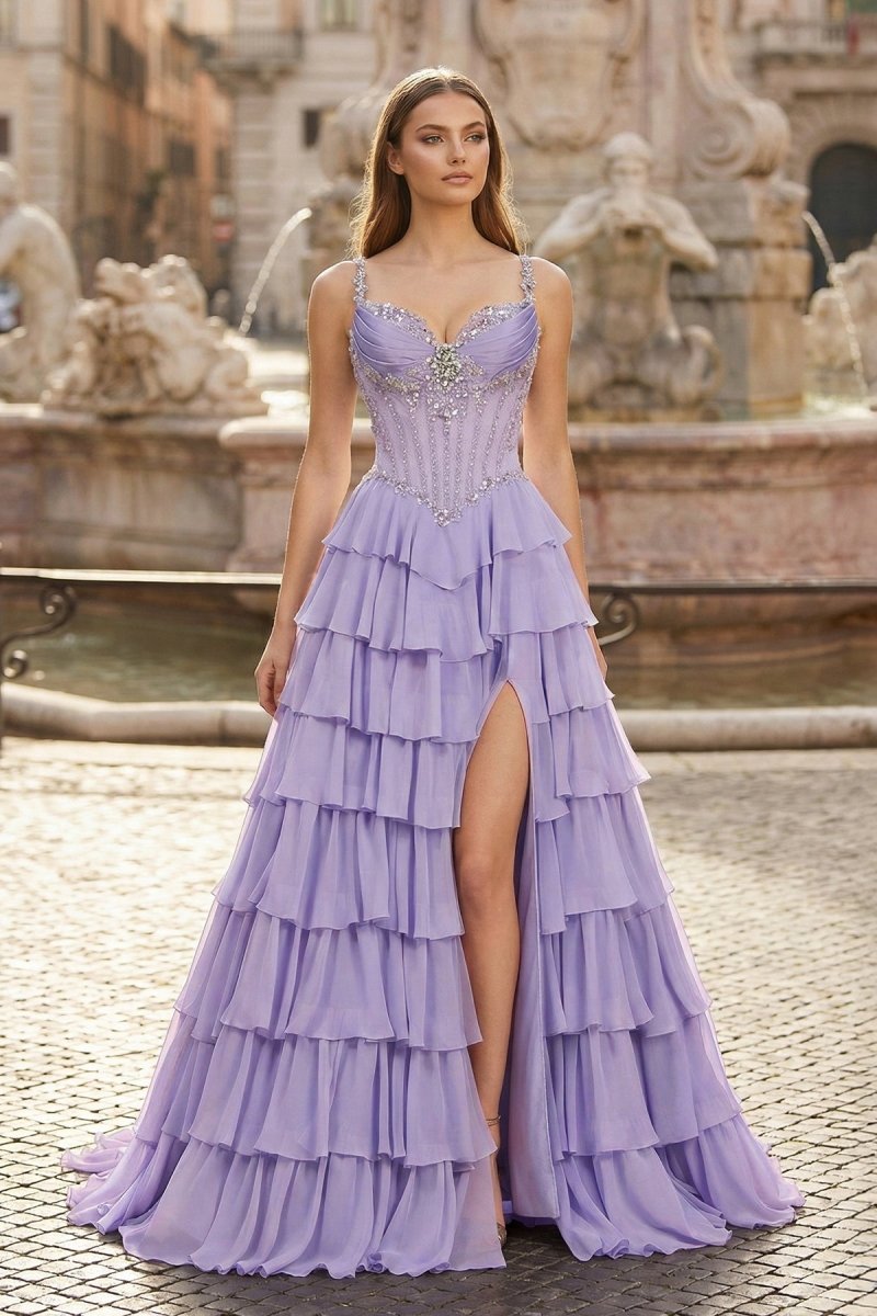 Lilac Spaghetti Straps Chiffon Ruffled A Line Long Formal Prom Dresses With Beading - KissProm
