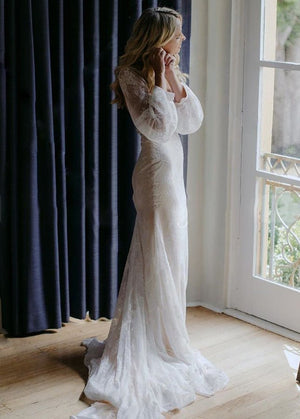 Long Lartern Sleeve Mermaid V-Neck Backless Lace Bohemian Wedding Dresses – Wedding Dresses by KissProm | Available at KissProm