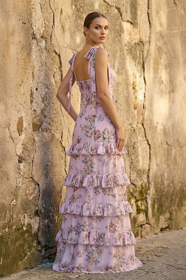 Blue Spaghetti Straps A Line Long Floral Prom Dress - KissProm