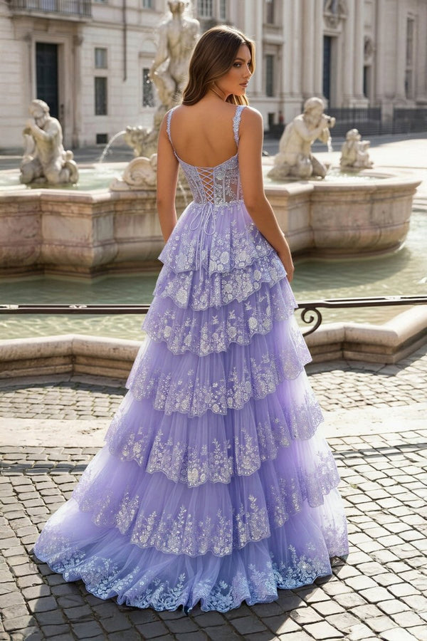 A-Line Lace Off-the-Shoulder Tiered Long Prom Dress with Slit – Prom Dress by KissProm | Available at KissProm