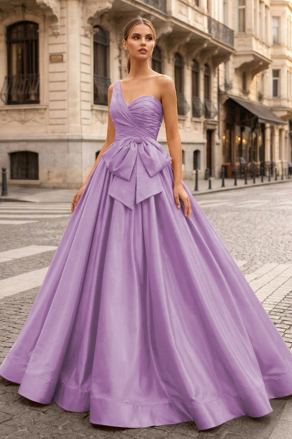 One Shoulder Satin A Line Prom Dress With Bow - KissProm