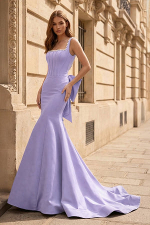 Black Square Neck Mermaid Satin Long Prom Dresses With Pearls – Prom Dress by KissProm | Available at KissProm