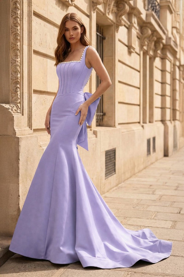 Black Square Neck Mermaid Satin Long Prom Dresses With Pearls – Prom Dress by KissProm | Available at KissProm