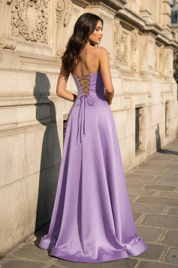 A Line Black Strapless Satin Prom Dresses With Slit – Prom Dress by KissProm | Available at KissProm