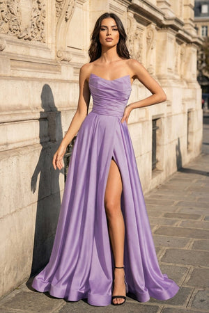 A Line Black Strapless Satin Prom Dresses With Slit – Prom Dress by KissProm | Available at KissProm