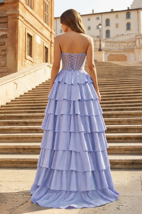 Gray Sweetheart A Line Satin Ruffled Long Prom Dresses With Slit - KissProm