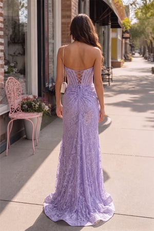 Lavender Strapless Lace Ruched Mermaid Prom Dress with Slit