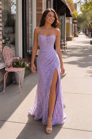 Lavender Strapless Lace Ruched Mermaid Prom Dress with Slit
