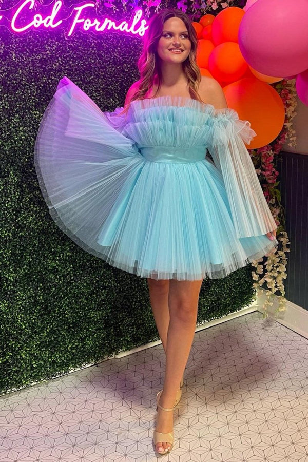 Lavender Strapless Ruffle A-Line Short Dress with Detachable Sleeves
